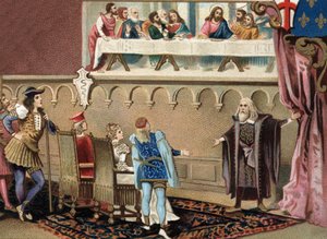 Leonard de Vinci (1452 - 1519) (Leonardo da Vinci) ukazuje svou fresku „“The Holy Cene”” Ludovicu Sforzovi dit The More, vévodovi z Milána (Ludovico Sforza v refektáři Santa Maria delle Gracie v Miláně. od Unknown artist