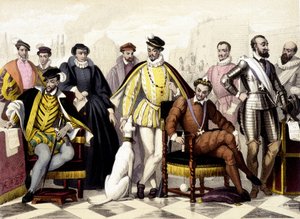 Les Valois - V letech 1547 až 1589. Jindřich II., Kateřina Medicejská (Caterina de Medici), Karel IX., Jindřich III., Jindřich IV. Rytina 19. století. od Unknown artist