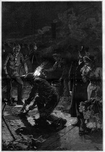 Dělníci pokládají bitumen poblíž francouzského divadla (Theatre-Francais nebo Comedie-Francaise (Comedie Francaise)) v ulicích Paříže a provádějí stavební práce v noci. Rytina v ""The Illustrious World"" od Unknown artist