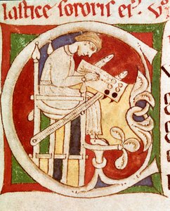 Písmeno C zdobené mnichem píšícím na stole. Miniatura z „“Vitae sanctorum““ (Život svatých) Coimbre z 12. století, univerzitní knihovna od Unknown artist