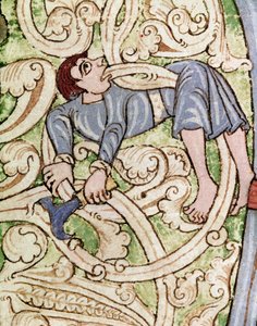 Lettrine C dekoree reprezentace dřevorubce. Miniatura z Bible (Starý zákon) (Ms 3088) Coimbra z 12. století, Univerzitní knihovna od Unknown artist