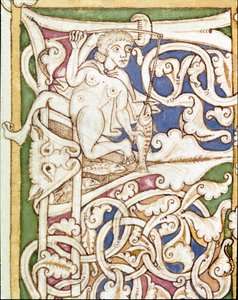 Lettrine P decoree reprezentace ženy lovící ryby. Miniatura z Bible (Starý zákon) (Ms 3088) Coimbra z 12. století, Univerzitní knihovna od Unknown artist