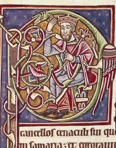 Lettrine P decoree vyobrazení krále země Moab Miniatura z Bible (Ms 3088) Coimbra z 12. století, bibliotéka univerzity od Unknown artist