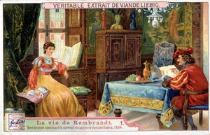 Liebigova chromolitografie o životě Rembrandta (1606 - 1669), holandského malíře. Zde kreslí portrét jeho mladé manželky Saskie v roce 1654. od Unknown artist
