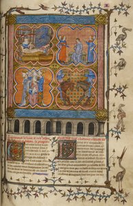 Život Julia Caesara: čtyři miniatury zobrazující jeho narození, rozvod, pontifikát a boj s Pompeiem; text se zdobenými iniciálami a lem s ptáčky a grotesky. od Unknown artist