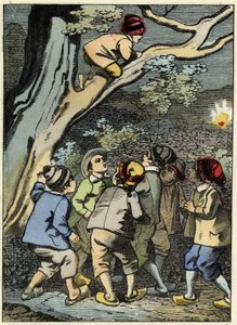 Malý Poucet leze na strom a hledá si cestu. Sbírá světlo v lese. Ilustrace příběhu Charlese Perraulta „Le Pepetit Poucet“ od Unknown artist
