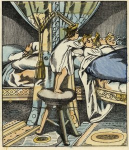 Malý Poucet nasazuje na hlavu svých bratrů koruny sedmi zlobrových dcer. Ilustrace příběhu „Le Petite Poucet“ od Charlese Perraulta od Unknown artist