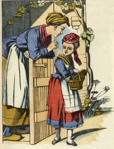 Matka Červené Karkulky dává poslední doporučení, aby šla k babičce. Ilustrace pohádky „Červená karkulka“ od Charlese Perraulta od Unknown artist