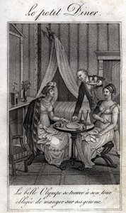 Malá večeře. Olympe de Gouges (1748-1793), francouzská spisovatelka a revolucionářka s Celine jednou z jejích přátel. od Unknown artist