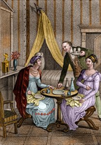 Malá večeře. Olympe de Gouges (1748-1793), francouzská spisovatelka a revolucionářka s Celine jednou z jejích přátel. v „“ Conseils a ma fille „“ od Jeana Nicolase Bouillyho (1763-1842). 1820. Soukromá sbírka. od Unknown artist