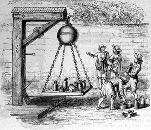 Načítání magdeburských polokoulí zavěšených pro výpočet atmosférického tlaku – v „Ottonis de Guericke: Experimenta Nova Magdeburgica de vacuo spatio““ od Otto von Guerickeho (Otto de Guericke od Unknown artist