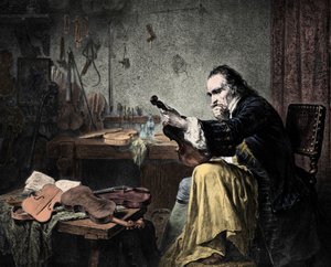 Luthier Stradivarius (Antonio Stradivari) (1644-1737) ve své dílně. Rytina od Hammanna. Návrhář houslí Antonio Stradivari (Stridivarius) v práci. od Unknown artist