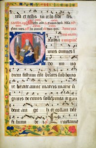 MS.McC.57. f.48r Svatá Anna trůní, čte, před ní sedí Panna Marie s Dítětem, iniciála z antifony, konec 15. stol. od Unknown artist