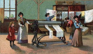 Strojový žehlič. (žehlení). Chromolitografie z konce 19. století. od Unknown artist