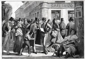 Madrid v roce 1873. Chodci na rohu Seville Street a Alcala Street. Rytina z roku 1873. od Unknown artist
