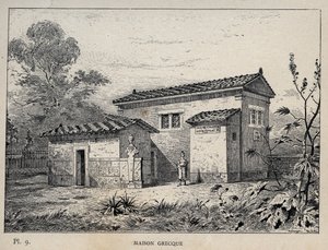 Maison Grecque (řecký dům) - rytina z roku 1889 v „Historie lidského obydlí na Světové výstavě v roce 1889, pan Charles GARNIER - Librairie centrale des beaux-arts Paris 1889 od Unknown artist