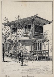 Japonský dům (japonský dům) - rytina z roku 1889 v „Historie lidského obydlí na Světové výstavě v roce 1889, pan Charles GARNIER - Librairie centrale des beaux-arts Paris 1889 od Unknown artist