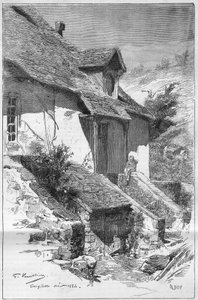 House of George Sand (Aurore Dupin, Baronne Dudevant) (1804-1876), francouzský spisovatel, v Gargilesse (Indre) na břehu Creuse ve Francii. Rytina v ""The Illustrious World"" od Unknown artist