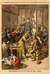 Líčení herců živého obrazu „“muži ve zlatě“““ na veletrh perníku. Rytina v „“ Le petit journal““ 16.4.1894. Selva sbírka. od Unknown artist