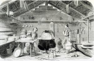 Výroba sýra Gruyère ve švýcarské chatě nebo sýrárně v Alpách – v „Zázracích průmyslu““ od Louise Figuiera od Unknown artist