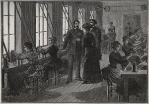 Výroba kovových peří: brusírna ve Francii v 19. století. Rytina z roku 1885 v „“Les arts et metiers illustres““ od Adolphe BITARDA. od Unknown artist