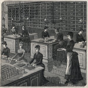 Výroba kovových peří: třídění a balení peří v továrně ve Francii v 19. století. Rytina z roku 1885 v „“Les arts et metiers illustres““ od Adolphe BITARDA. od Unknown artist