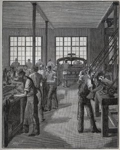 Výroba držáku na tužky (držák na tužky) a držáku na tužky (držák na tužky). Rytina z roku 1885 v „“Les arts et metiers illustres““ od Adolphe BITARDA. od Unknown artist
