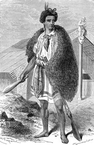 Maorský šéfkuchař v okolí AUCKLANDU na Novém Zélandu. Rytina 1885 od Unknown artist