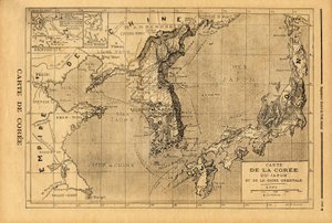 Mapa Koreje, Japonska a východní Číny. Rytina v „“ Le petit journal“ 3/09/1894. Selva sbírka. od Unknown artist
