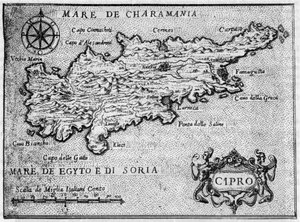 Mapa ostrova Kypr (Kypr) v roce 1587 v „“ Nejoddanější cesta Jeruzaléma ““. od Unknown artist