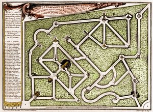 Mapa bludiště v parku zámku ve Versailles, kterou vytvořil Andre Le Notre (1613-1700). Gravírování v „“ La Nature. Revue des sciences et de ses applications aux arts et a l