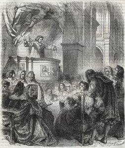Marie de Rabutin-Chantal (Rabutin Chantal), markýza ze Sevigne známá jako Madame de Sevigne (1626-1696), poslouchejte Louise Bourdaloue (1632-1704) francouzsky v kostele jezuitů, Saint-Louis v Paříži - rytina z roku 1866 od Unknown artist