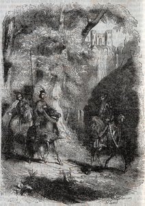 Marphise (Marfisa) a stará žena se setkávají s Pinabel (Pinabello) - rytina z roku 1851 z „“Zuřivého Rolanda““ (Orlando furioso) (16. století) od Ludovica Ariosta, známého jako Ariosta – vydání přeložené z italštiny hrabětem z Tressanu a publikoval od Unknown artist