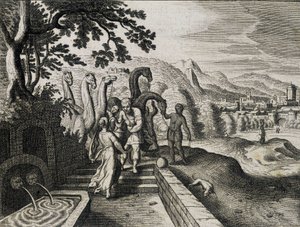 Manželství Izáka a Rebeky. Rytina z bible ze 17. století. od Unknown artist