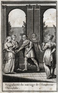 Sňatek byzantského císaře Theophila (813-842): poté, co sjednotil nejkrásnější ženy v království, aby našel manželku, vybral si Theodoru a nabídl jí zlaté jablko. Rytina v „Beaute de l