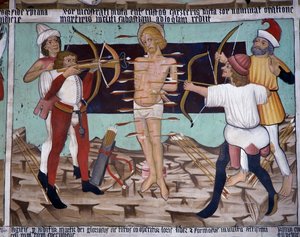 Umučení svatého Šebestiána, život svatého Šebestiána (15. století), fresky, kaple svatého Šebestiána, Villard-de-Lans, Rhone-Alpes, Francie. od Unknown artist