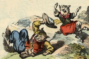 Mistr liška si hraje s kozičkou. Ilustrace příběhu „Bon medor a malý Chevrette““. V „“ Pohádky z domova pro nejmenší““. Anonymní rytina 19. století. od Unknown artist