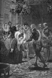 Setkání Maris de Medicis a Jindřicha IV. (1601): Marie Medicejská (1573-1642) se klaní svému manželovi, francouzskému králi Jindřichu IV. (1553-1610). Rytina 19. století. V „Histoire de France“ od Julese Micheleta od Unknown artist