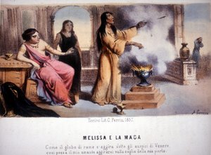 Melissa a čarodějka: "Stejně jako měděná koule je ovlivněna Venuší, aby se můj milenec objevil na mém prahu." 1857. od Unknown artist