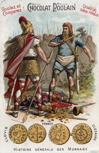 Merovingiens: Clovis 1. sestřelení vojáka, který rozbil plavidlo Soissons, v roce 486. In Obecná historie mincí. Čokoládovo-hříběcí chromolitografie konce 19. století. Soukromá sbírka. od Unknown artist