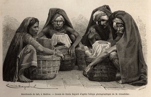 Obchodníci s mlékem v ulicích Madrasu (dnešní Chennai, Tamil Nadu). Rytina pro ilustraci plavby v poledníkových provinciích Indie od Alfreda Grandidiera v letech 1862-1864, publikovaná v „” le tour du monde””, pod vedením D