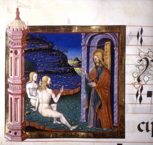 Miniatura zobrazující stvoření Adama a Evy Bohem. Antifonář. 15. století. Knihovna Lodi od Unknown artist