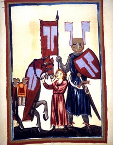 Miniatura kodexu „Manesse“ nebo „Manessesche Liederhandschrift“, což je rukopis vyrobený v Alsasku mezi lety 1300 a 1330 pro významný Curych. Představení Wolframa von Eschenbacha, německého básníka, který mezi lety 1200 a 1200 napsal román „“Parzival“ od Unknown artist