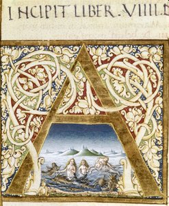 Miniatura představující sirény. Písmeno "" A"" - v "" Naturalis Historiae"" od Plinia staršího (23 - 79), ed. 1480. Knihovna Viktorie a Alberta od Unknown artist