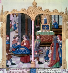 Zázraky svatého Ludvíka: Král Ludvík IX. (1214-1270) bojoval s paralytikem. Miniatura z rukopisu „Kniha faktů Monsignor Saint Louis“ z 15. století. Paříž, B.N od Unknown artist