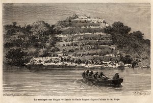Opičí hora, podél řeky Senegal, krátce po vodopádech Gouina (Mali). Rytina k ilustraci příběhu o plavbě poručíka Mage v západním Súdánu v letech 1863 až 1866, publikovaná v „Le tour du monde, nouveau journal des voyages““ pod d od Unknown artist