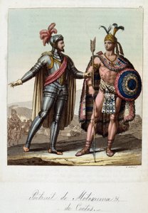 Montezuma II., aztécký král a Hernan (nebo Hernando) Cortes nebo Fernand Cortez (1485-1547), španělský dobyvatel - v „“Starém a moderním kostýmu““ od Ferrario, ed. Milán od Unknown artist