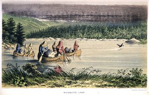 Jezero komárů v Kanadě: Indiáni kanoe přes jezero s moskytiérami na hlavě – v „Exploration of the Labrador Peninsula“ od Hind, Londýn od Unknown artist