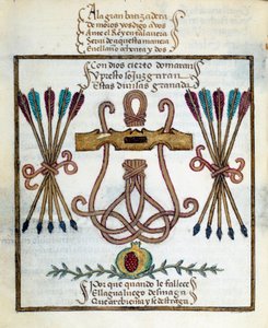 Motto katolických králů. Znak katolických králů. Miniatura v „“Devotorio de la Reyna Da Juana, kterému říkali La Loca”” od Pedra Marcuella od Unknown artist