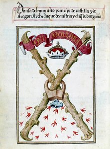 Motto burgundských vévodů. Rukopisná stránka převzata ze „Sbírky oddanosti královny Joan the Folle (1479-1555) Španělska““ od Pedra Marcuella („Oddaní královny Da Juany, které se říkalo Šílená“), Chantilly z 15. století, Musee Conde od Unknown artist